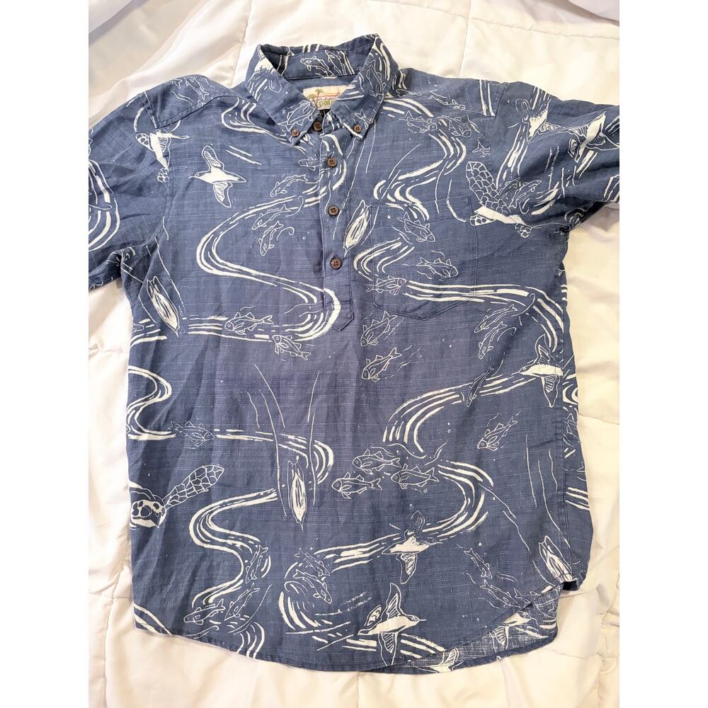 Patagonia Hemp Shirt Small Blue Ocean Fish Turtle Shark Print Button Up - Picture 6 of 7
